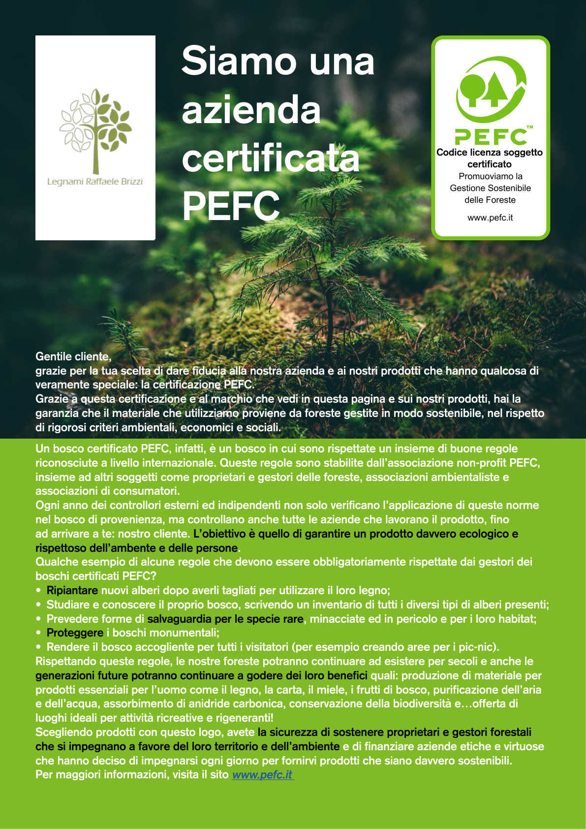 Comunicazione azienda certificata PEFC con logo Brizzi